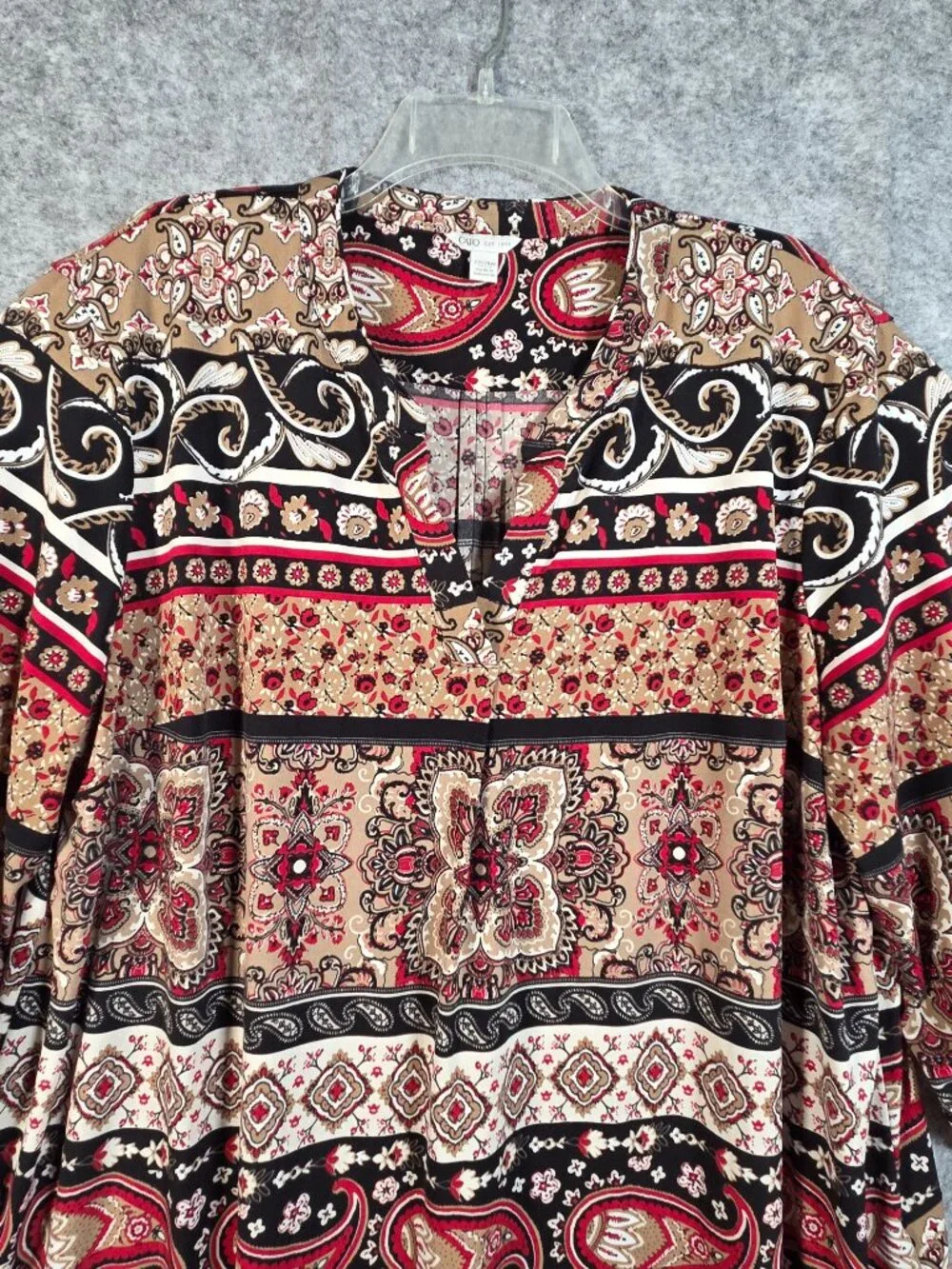 Cato Boho Paisley Medallion Blouse Red Black Tan V-Neck Tab Sleeve size 22/24